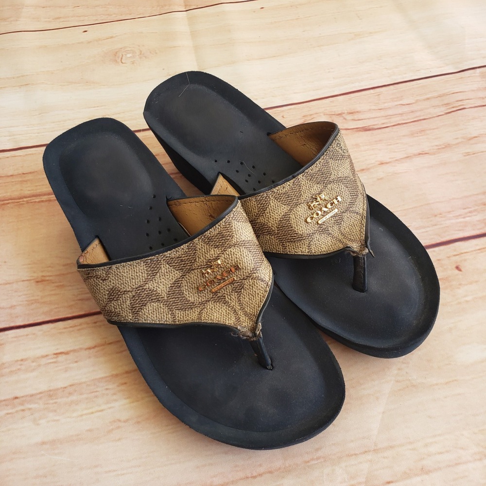 Coach Janice Wedge Flip Flops Womens 6B Signature Monogram Logo Platform Sandals - Picture 1 of 7